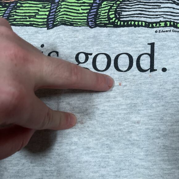 VintGe 90s Edward Gorey T-Shirt Books Cats Life Is Good Size Medium Grey - Picture 7 of 10